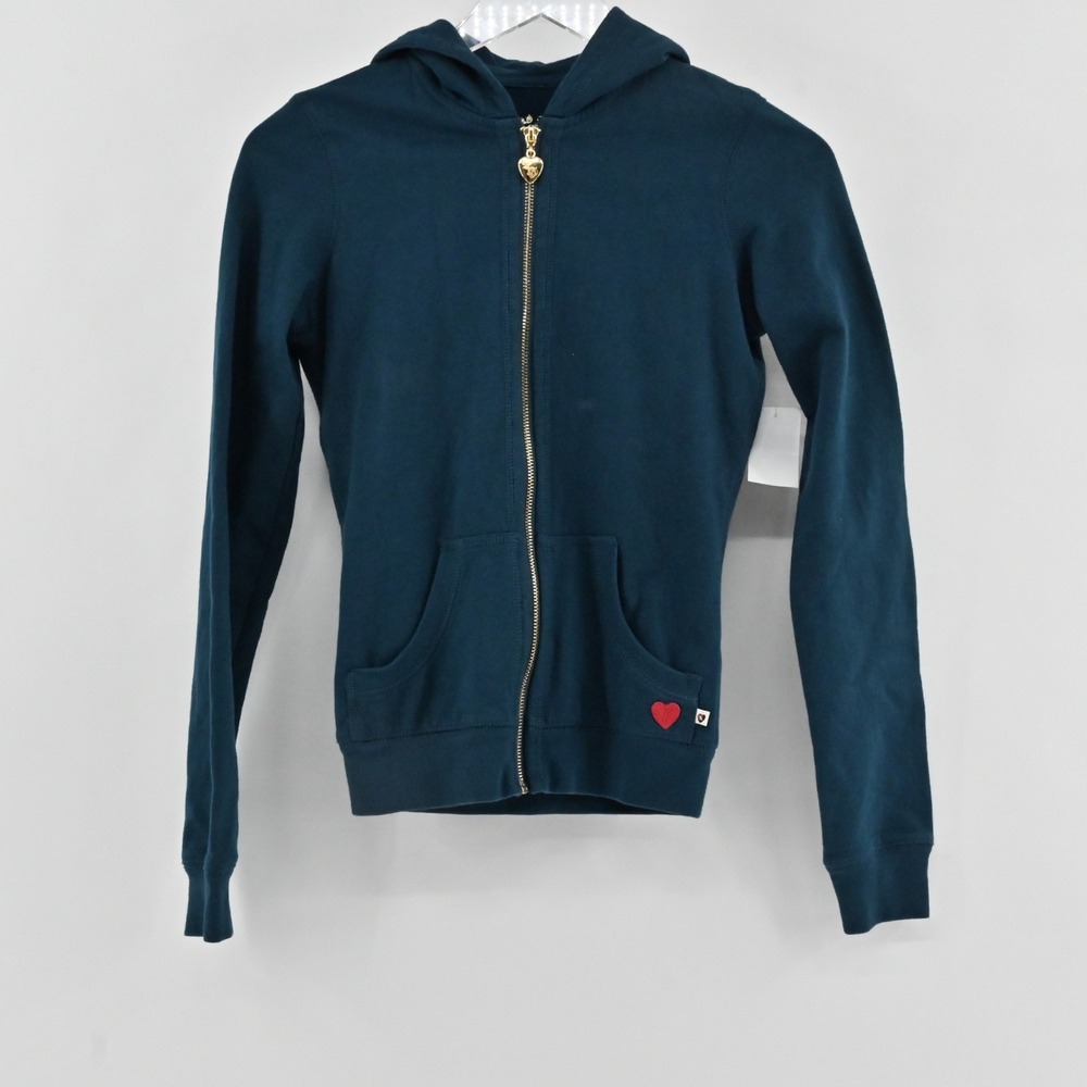 Vintage Y2k Twisted Heart Sequin Hoodie Womens Size XXS Teal Blue Cotton Wing
